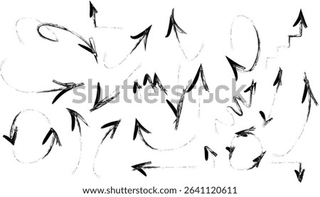 Vector illustration of a set of hand-drawn black arrows on a white background. This collection includes various arrow styles such as curved, straight, zigzag, looped, and spiral arrows in a doodle or 