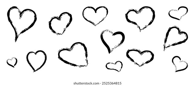 Ilustración vectorial de un conjunto de corazones de pincel dibujados a mano. Doodle grunge iconos para el día de San Valentín. Símbolos de amor incompletos con contorno de tiza.