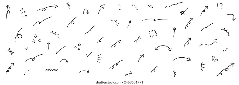 Conjunto de Ilustración vectorial de líneas concentradas dibujadas a mano, flechas y otras características