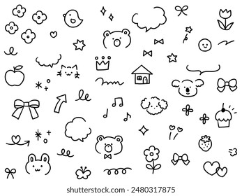 Vector illustration set of hand-drawn cute decorative illustrations. Speech bubbles, hearts, animals, stars, flowers, arrows, ribbons