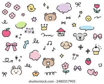 Vector illustration set of hand-drawn cute decorative illustrations. Speech bubbles hearts, animals, stars, flowers, arrows, ribbons