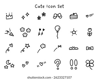A vector illustration set of hand-drawn cute decorative illustrations. Hand-drawn, hearts, cakes, stars