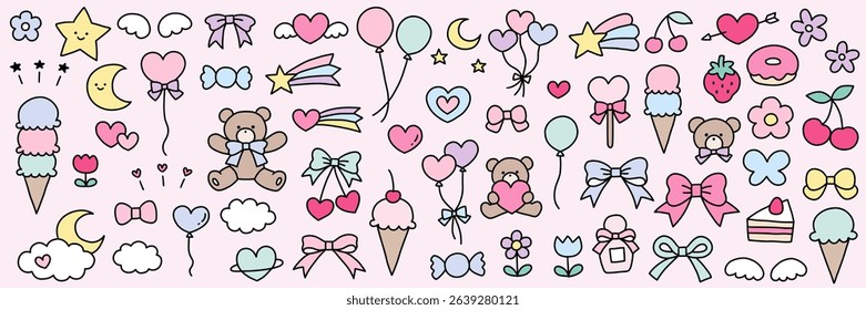 A vector illustration set of hand-drawn cute bears and balloons. Dreamy, heart, ribbon, doodle