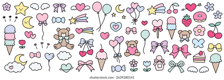 A vector illustration set of hand-drawn cute bears and balloons. Dreamy, heart, ribbon, doodle