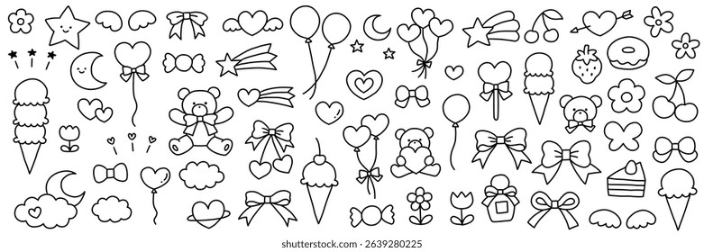 A vector illustration set of hand-drawn cute bears and balloons. Dreamy, heart, ribbon, doodle