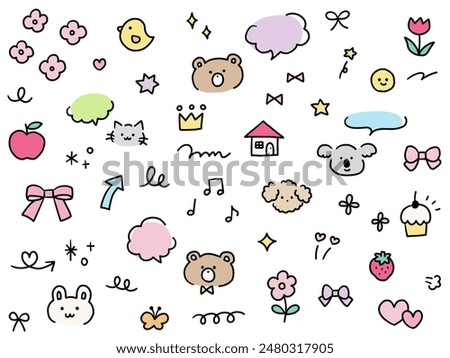 Vector illustration set of hand-drawn cute decorative illustrations. Speech bubbles hearts, animals, stars, flowers, arrows, ribbons