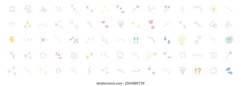 A vector illustration set of hand-drawn decorative illustrations. Focused lines, attention, stars, hearts, glitter