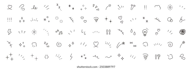 A vector illustration set of hand-drawn decorative illustrations. Focused lines, attention, stars, hearts, glitter