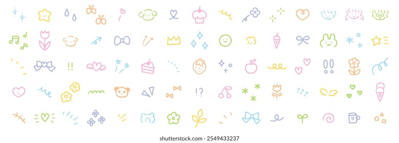 A vector illustration set of hand-drawn decorative illustrations. Concentrated lines, attention, stars, hearts, fruits, ribbons