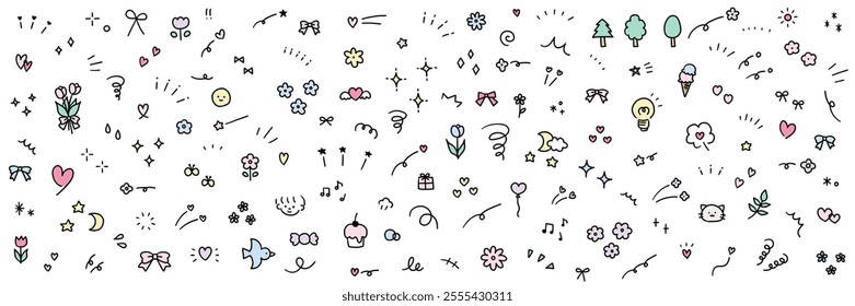 A vector illustration set of hand-drawn decorative illustrations. Hand-drawn, focused lines, attention, stars, hearts, ribbons