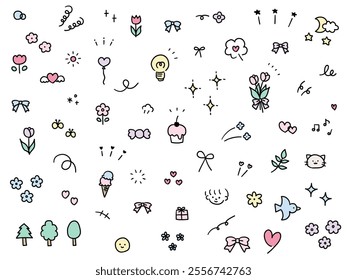 A vector illustration set of hand-drawn decorative illustrations. Hand-drawn, focused lines, attention, stars, hearts, ribbons