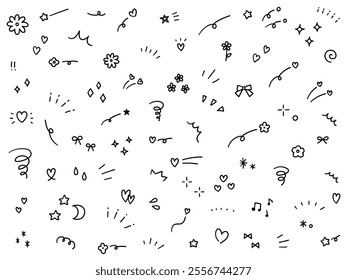 A vector illustration set of hand-drawn decorative illustrations. Hand-drawn, focused lines, attention, stars, hearts, flowers