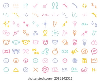 A vector illustration set of hand-drawn decorative illustrations. Concentrated lines, attention, hearts, ribbons