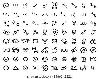 A vector illustration set of hand-drawn decorative illustrations. Concentrated lines, attention, hearts, ribbons