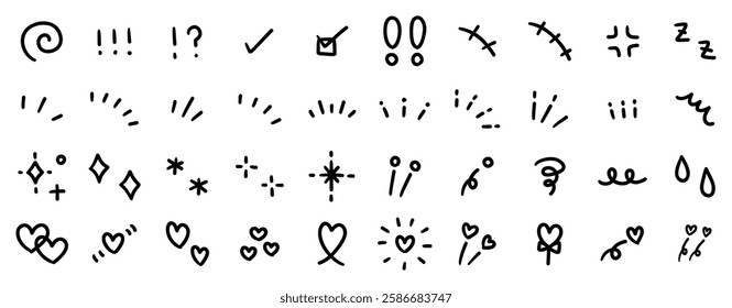 A vector illustration set of hand-drawn decorative illustrations. Concentrated lines, attention, hearts