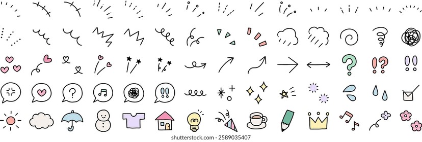 A vector illustration set of hand-drawn decorative illustrations. Concentrated lines, attention, arrows, speech bubbles