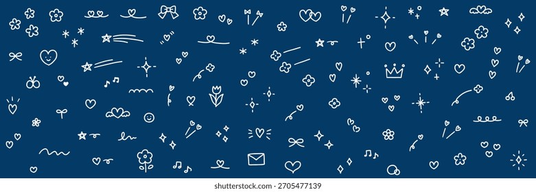 Conjunto de Ilustración vectorial de ilustraciones decorativas dibujadas a mano. Estrellas, flores, garabatos, corazones, brillo