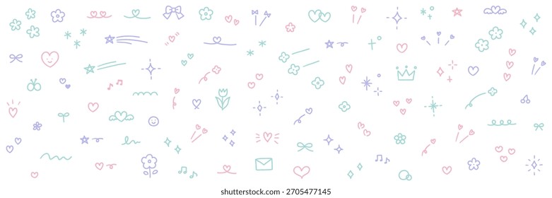 Conjunto de Ilustración vectorial de ilustraciones decorativas dibujadas a mano. Estrellas, flores, garabatos, corazones, brillo