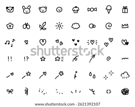 A vector illustration set of hand-drawn decorative illustrations. Hand-drawn, concentrated lines, arrows, sweets, animals, hearts, stars