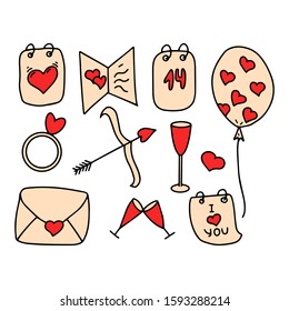 Vector illustration. Set of hand-drawn elements for design for Valentine's Day. Collection of colored objects in doodle style. The objects are isolated on a white background.
