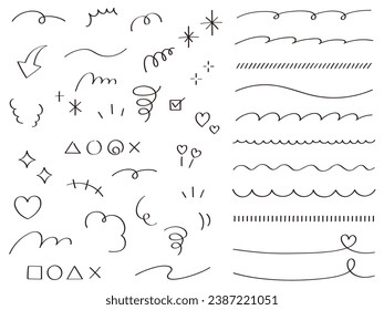 Vector illustration set of hand-drawn frames and decoration materials. handwriting, lines, ribbons, hearts