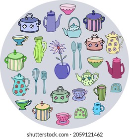 Ilustración vectorial. Conjunto de elementos de cocina hechos a mano. Estilo Doodle.