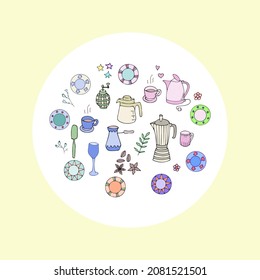 Vector illustration. Set of hand-drawn kitchen elements. Doodle style.