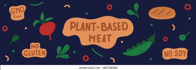 Vector illustration with the set of hand-drawn lettering, plants, and plant-based meatball. Web-banner with a blue background.