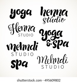 Vector illustration set of hand-drawn logos. Traditional indian style, elements with henna, mehndi, spa and yoga studio, design for cards and prints