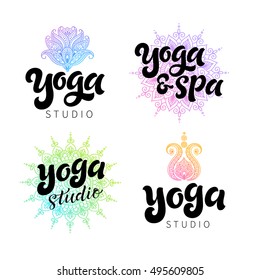 Vector illustration set of hand-drawn logos. Traditional indian style, elements with henna, mehndi, spa and yoga studio, design for cards and prints