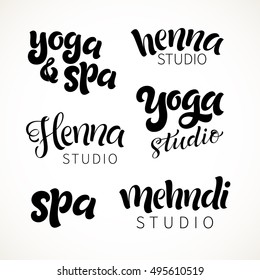 Vector illustration set of hand-drawn logos. Traditional indian style, elements with henna, mehndi, spa and yoga studio, design for cards and prints