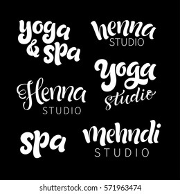 Vector illustration set of hand-drawn logos. Traditional indian style, elements with henna, mehndi, spa and yoga studio, design for cards and prints