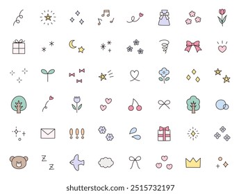 A vector illustration set of hand-drawn ornament illustrations. Hand-drawn, attention, stars, hearts, glitter, ribbons