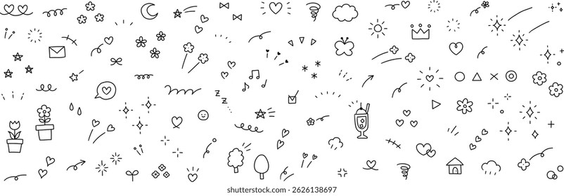 Vector illustration set of hand-drawn ornament illustrations. Hand-drawn, concentrated line, arrow, flower, doodle, heart, star