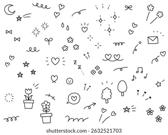 Conjunto de Ilustración vectorial de ilustraciones de adornos dibujados a mano. Dibujado a mano, línea de enfoque, flor, garabato, corazón, estrella