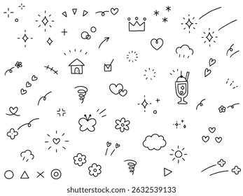 Conjunto de Ilustración vectorial de ilustraciones de adornos dibujados a mano. Dibujado a mano, línea de enfoque, flor, garabato, corazón
