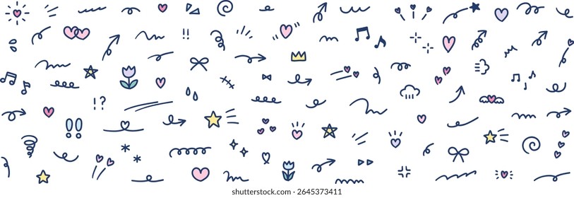 Un conjunto de Ilustración vectorial de ilustraciones de adornos dibujados a mano. Manuscrito, línea de enfoque, flor, garabato, corazón, estrella