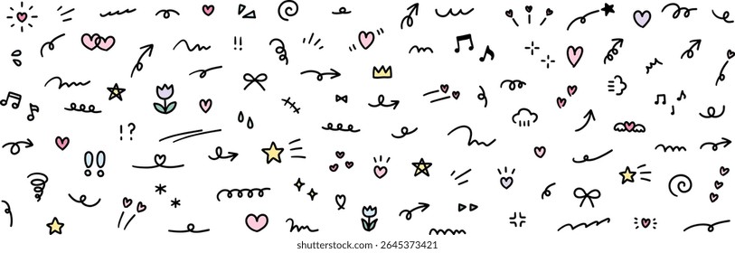 A vector illustration set of hand-drawn ornament illustrations. Handwritten, focus line, flower, doodle, heart, star