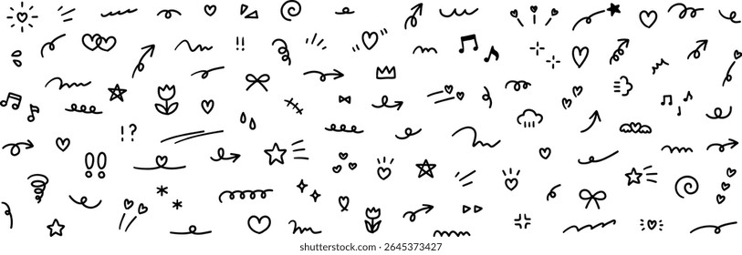 Un conjunto de Ilustración vectorial de ilustraciones de adornos dibujados a mano. Manuscrito, línea de enfoque, flor, garabato, corazón, estrella