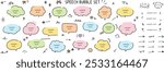 A vector illustration set of hand-drawn speech bubbles. Speech balloon, frames, stylish, handwritten, hearts, stars