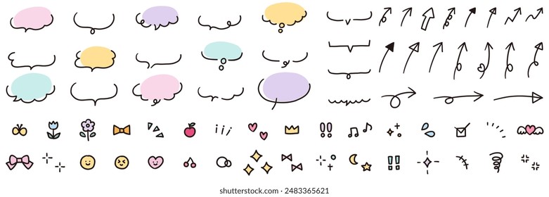 Eine Vektorillustration aus handgezeichneten Sprechblasen und Dekorationen wie Pfeilen. Sprechblase, Symbole, niedlich