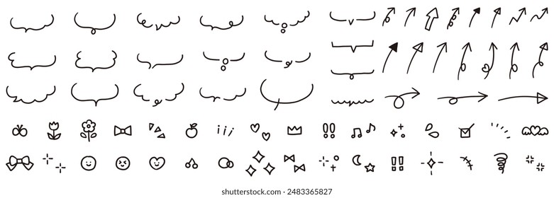 A vector illustration set of hand-drawn speech bubbles and decorations such as arrows. Speech balloon, icons, cute