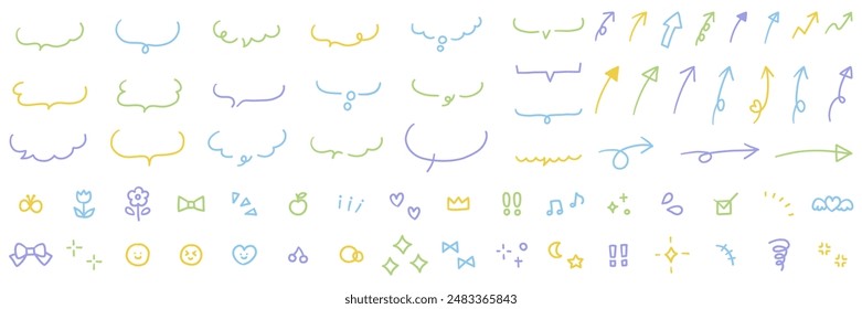 A vector illustration set of hand-drawn speech bubbles and decorations such as arrows. Speech balloon, icons, cute