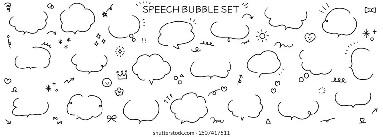 A vector illustration set of hand-drawn speech bubbles. Speech balloon, frames, stylish, handwritten, hearts, stars