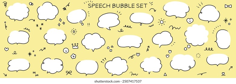 A vector illustration set of hand-drawn speech bubbles. Speech balloon, frames, stylish, handwritten, hearts, stars