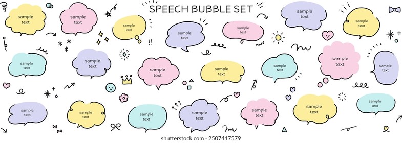 A vector illustration set of hand-drawn speech bubbles. Speech balloon, frames, stylish, handwritten, hearts, stars