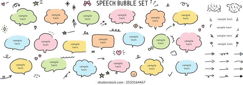 A vector illustration set of hand-drawn speech bubbles. Speech balloon, frames, stylish, handwritten, hearts, stars