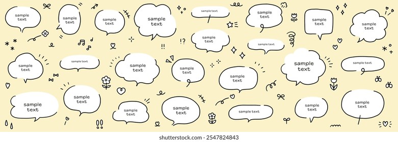 A vector illustration set of hand-drawn speech bubbles. Speech balloon, frames, stylish, handwritten, hearts, flowers