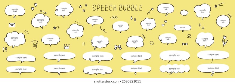 A vector illustration set of hand-drawn speech bubbles. Speech balloon, frames, stylish, handwritten, hearts