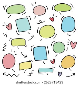 Conjunto de Ilustración vectorial de discurso dibujado a mano y burbujas de pensamiento en estilo de cómic doodle. Incluye Formas redondas y rectangulares. Ideal para cómics, redes sociales, stickers y proyectos de diseño creativo.